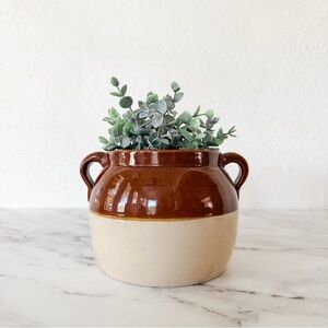 Vintage Brown & Tan Pottery Stoneware Bean Pot/Crock with Two Handles.